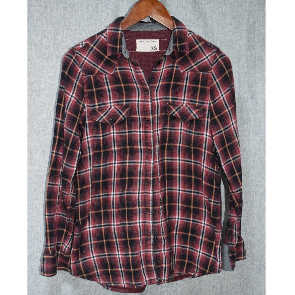 Rag & Bone Plaid Button-Up Flannel Shirt Red Black White XS